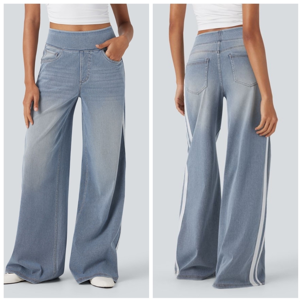 Halara Flex High Waisted Striped Wide Leg Wash Knit Jeans | M | Pockets | NWOT - Picture 4 of 4